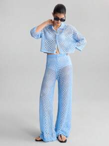 Ontre 2025 新款女士海滩独立日舒适休闲风格宽松开衫，钩针针织风格春夏舒适休闲装，海滩装 - 淺藍色 - 查看 2