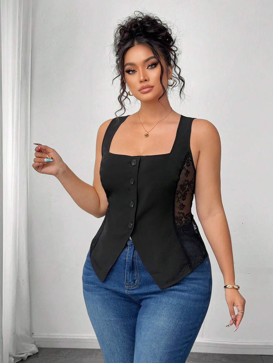 Elenzga Camiseta de tirantes de talla grande para mujer con cuello cuadrado, abotonadura frontal, parches y encaje, bajo asimétrico, ideal para uso casual y diario en verano