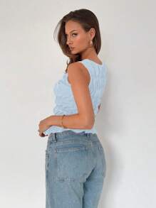 Roylia Women's Crew Neck Pleated Solid Color Ruched Hem Tank Top - Baby Blue - View 2