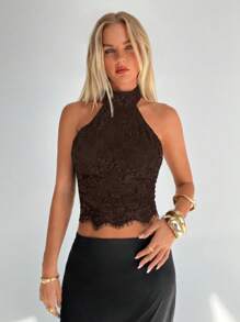 Aloruh 女士蕾丝露背性感吊带背心 - 棕色 - 查看 6