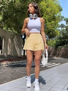 SHEIN EZwear Stripe Wide Leg Shorts - Yellow - View 5