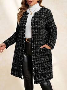 SHEIN Clasi Plus Size Women's Winter Jacket, Faux Boucle Pattern, Front Open, Long Sleeve, With Pearl Buttons And Pockets Fall Autumn Faux Tweed Print