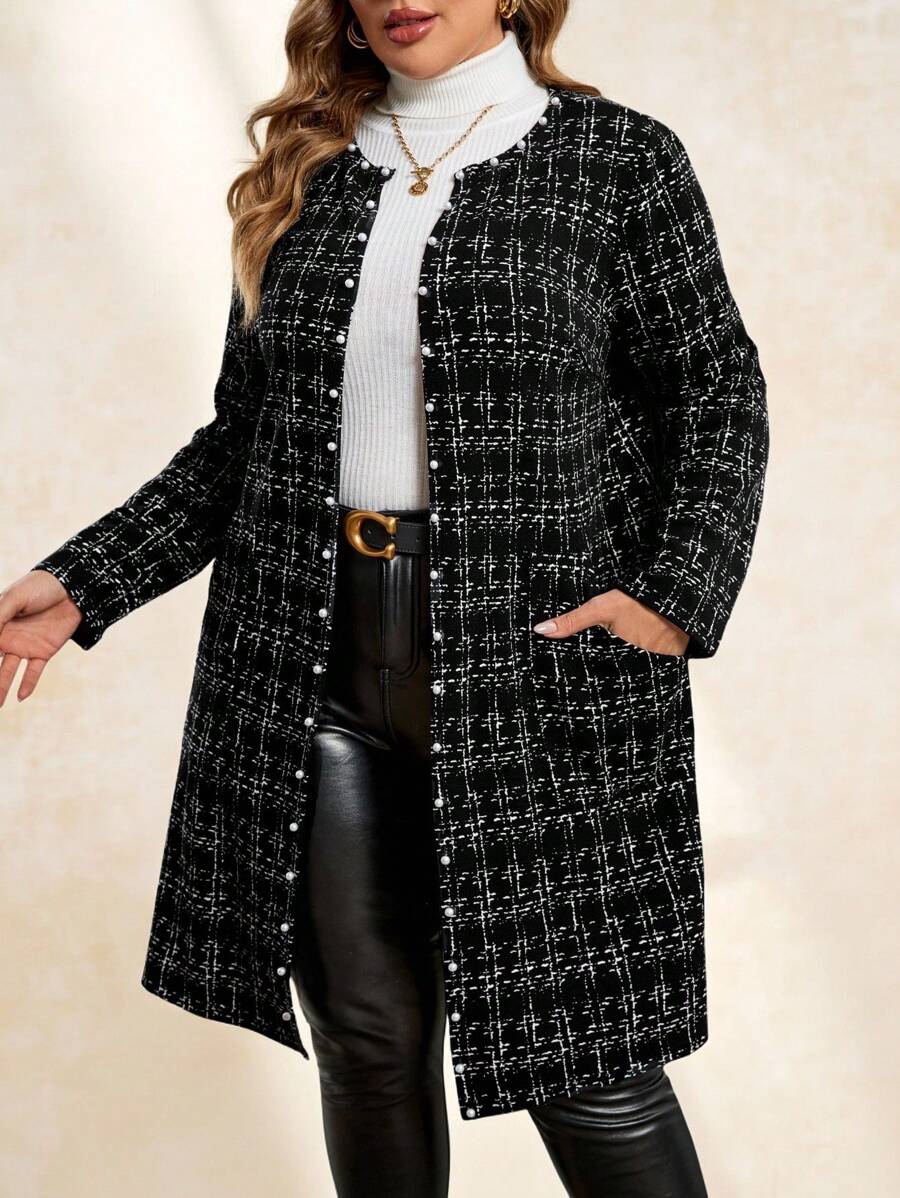 SHEIN Clasi Plus Size Women's Winter Jacket, Faux Boucle Pattern, Front Open, Long Sleeve, With Pearl Buttons And Pockets Fall Autumn Faux Tweed Print