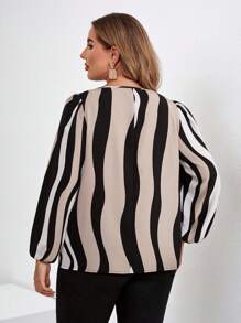 Chikora Asymmetrical Striped Color Block Print Plus Size Women Blouse For Elegant Daily Office Commute, Autumn Winter