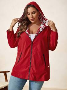 SHEIN Clasi Plus Size Women Geometric Print Reversible Long Sleeve Casual Hooded Loose Jacket, Suitable For Autumn And Winter