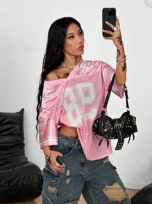 Coolane Women's Spring/Summer Festival Going Out Streetwear Vintage Breathable Mesh Number Pattern Graphics Baseball Jersey Pink Jersey - Pink - View 6