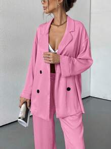 Aveloria Modichic 女士秋季两件套纹理套装，粉色休闲纽扣衬衫阔腿裤套装家居服运动服优雅商务休闲女装 - 淺粉色 - 查看 6