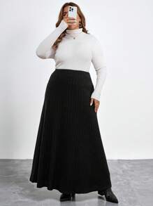 SHEIN Clasi Women's A-Line Flared Skirt In Black, Plus Size, Autumn - Black - View 4