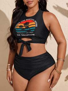 Slaydiva Bộ đồ bơi bikini cỡ lớn mới 2025, họa tiết cây dừa & chữ in, quần bơi cạp cao buộc dây, thon gọn, phong cách bãi biển, phù hợp với thị trường Châu Âu & Hoa Kỳ - màu đen - Xem 3