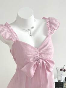 Breezaya 甜美性感女士蝴蝶结盖袖衬衫，采用网眼雪纺面料制成，娃娃装上衣 - 粉色 - 查看 5