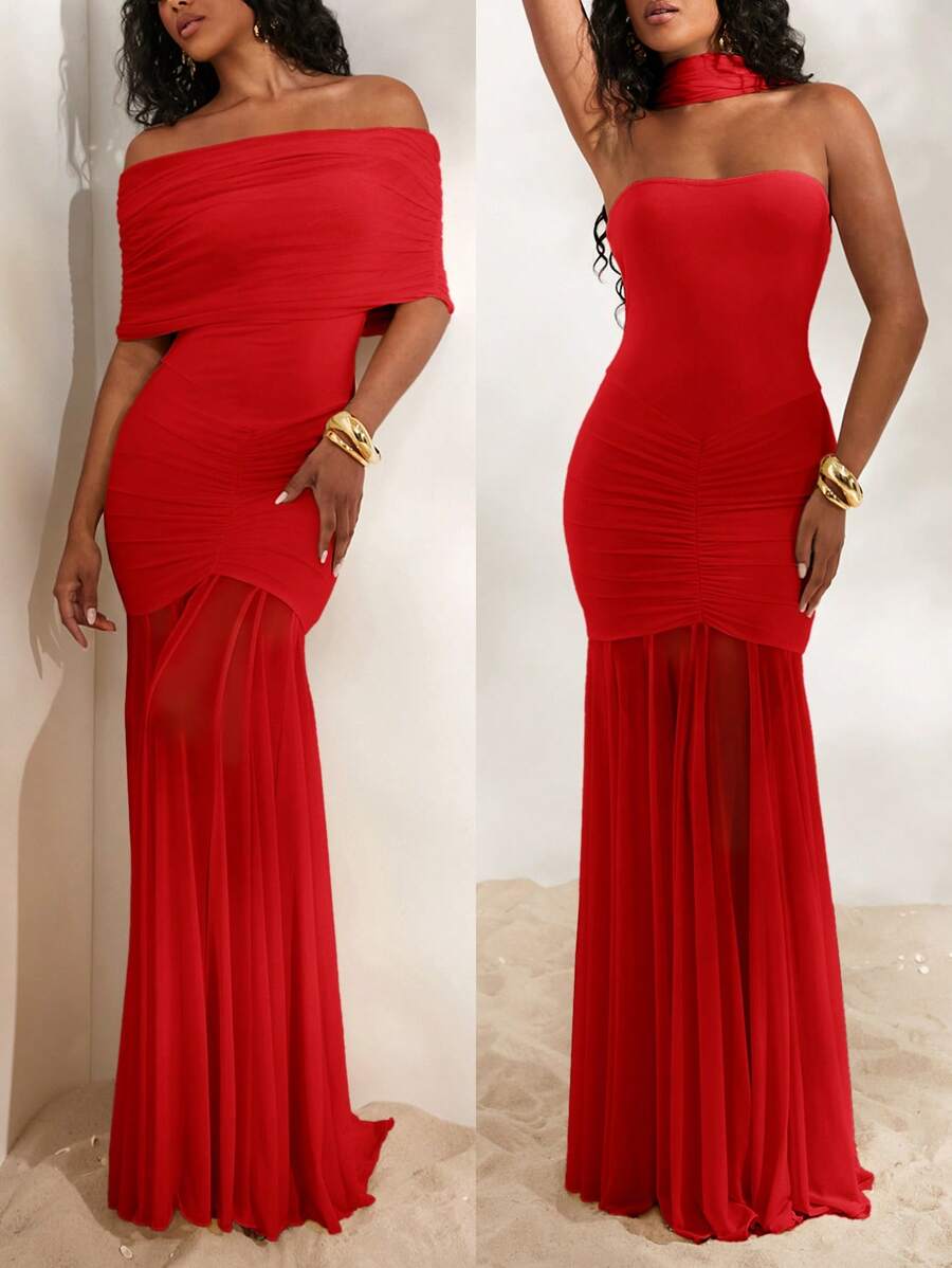 Opulessa 1 件女士纯色针织网眼露肩修身鱼尾裙