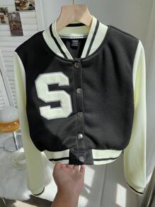 Comfortcana Letter Patched Crop Varsity Jacket - Black and White - View 1
