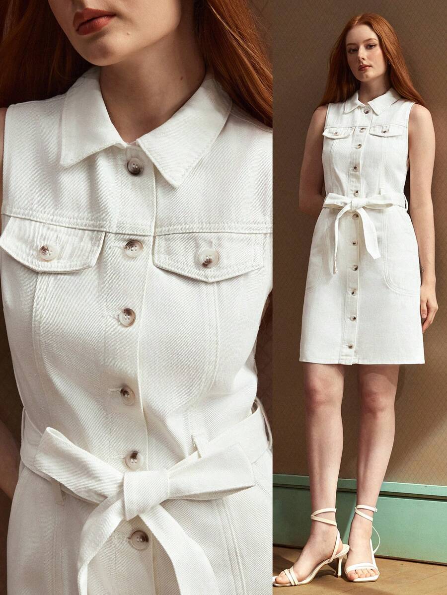 Selenza Vestido camisero mezclilla con diseño de solapa con cinturón