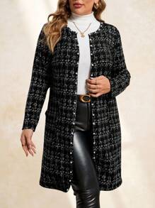SHEIN Clasi Plus Size Women's Winter Jacket, Faux Boucle Pattern, Front Open, Long Sleeve, With Pearl Buttons And Pockets Fall Autumn Faux Tweed Print