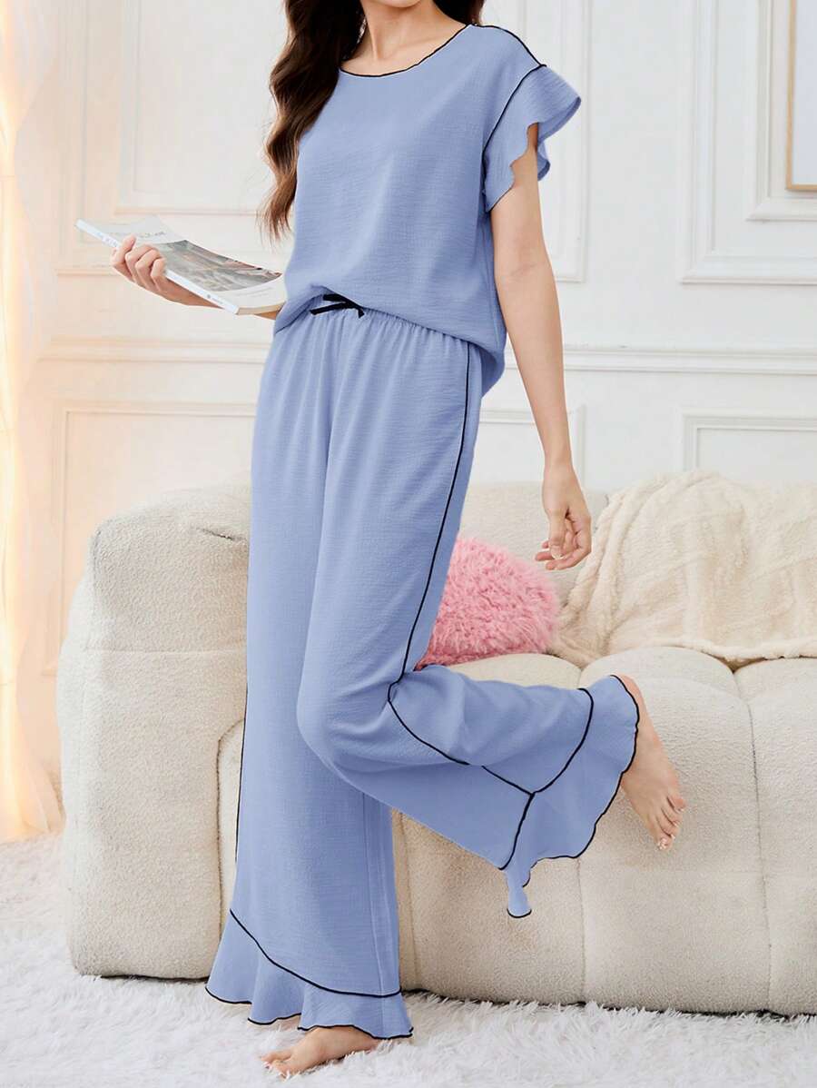 SHEIN 少女简约优雅拼色荷叶边短袖和裤子 2 件套睡衣套装，编织面料家居睡衣 - 藍色 - 查看 1