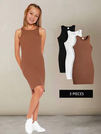 SHEIN Conjunto de vestido sin mangas de punto de unicolor para niñas preadolescentes con cuello redondo