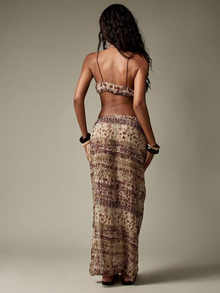 MISSGUIDED Boho Beach Cover Up Chiffon Maxi Wrap Skirt Sarong With Gold Medallion Detail Resort Vacation Swim Cover Up