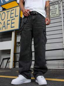 Manfinity EMRG Plus Size Men's Cargo Pocket Wide Leg Loose Casual Jeans College Hang Out Commute Street Urban