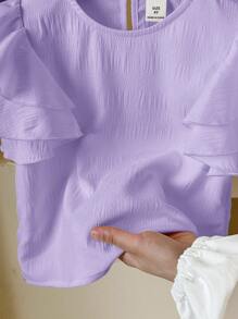 SHEIN LMoss Kids 年轻女孩时尚百搭平纹圆领休闲衬衫 - 紫色 - 查看 5