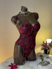 Aloruh Lingerie sexy et chic en dentelle violet foncé ajustée et dos nu en une pièce pour femmes - Prune - Voir 4