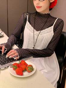 DAZY Casual Women's Polka Dot Long Sleeve T-Shirt, Korean Style, Summer,Fall Women Clothes - Black - View 3