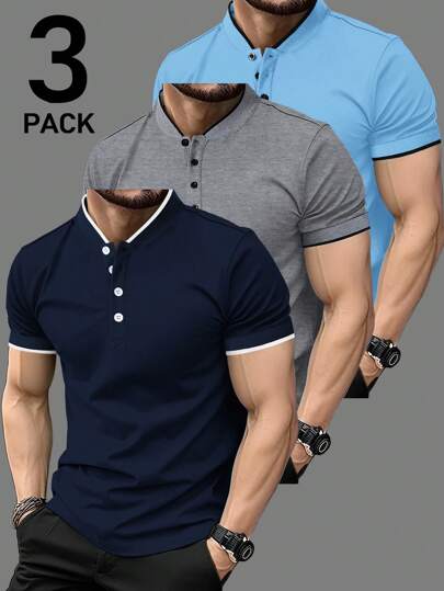 Manfinity Homme 3pcs Pack Casual Simple Men's Polo Shirts, Suitable For Commuting And Daily Wear Men Casual Tops Polo Shirts For Men