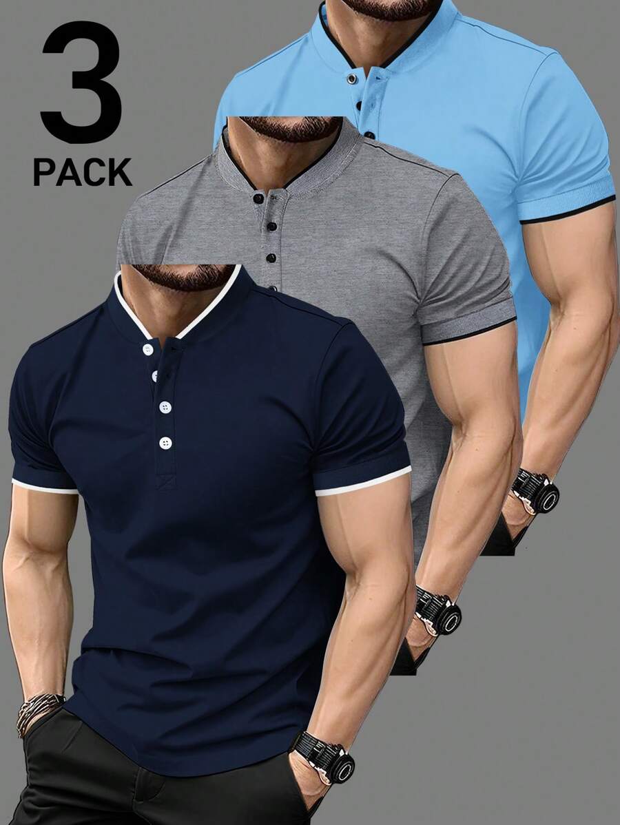Calvornis 3pcs Pack Casual Simple Men's Polo Shirts, Suitable For Commuting And Daily Wear Men Casual Tops Polo Shirts For Men, Formal, Ceremony - Multicolor - View 1
