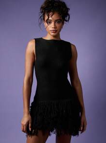 MISSGUIDED 无袖针织迷你连衣裙，流苏下摆细节，适合派对、夜店、舞会、假日、节日、度假、夏季和春季穿着。 - 黑色 - 查看 6