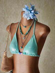 SHEIN ICON Set di bikini sexy a due pezzi con collo alto, schiena aperta e dettagli di perline