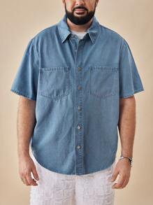 EASEVO Plus Size Men's Casual Blue Denim Short Sleeve Shirt, Suitable For Summer
