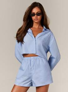 Athîral Women's Cotton Poplin Button Crop Shirt, Casual Spring Summer - Blue - View 2