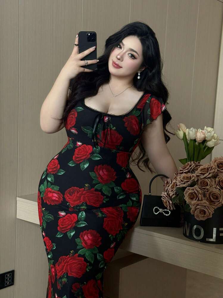 Vibekara Plus Size Women Floral Print Front Tie Up Ruffle Cap Sleeve Fitted Elegant Dress - Multicolor - View 4