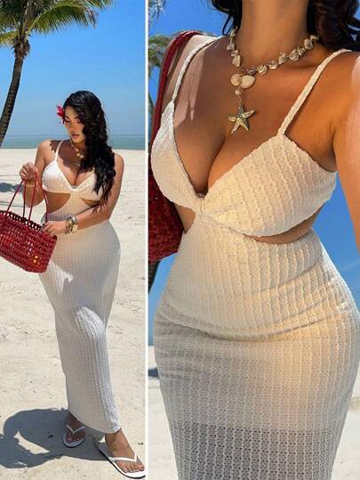 Sunnyshic Vestido casual de verano de talla grande, unicolor, diseño calado, para vacaciones