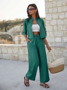 EURMUSE Bộ áo crop top cotton và quần cạp cao cho nữ - Màu xanh lá cây đậm - Xem 6
