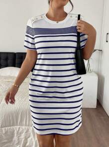 SHEIN Frenchy Women Plus Size Summer Striped Round Neck Short Sleeve Button Design Casual Dress,Summer Dresses For Women,Dresses Casual
