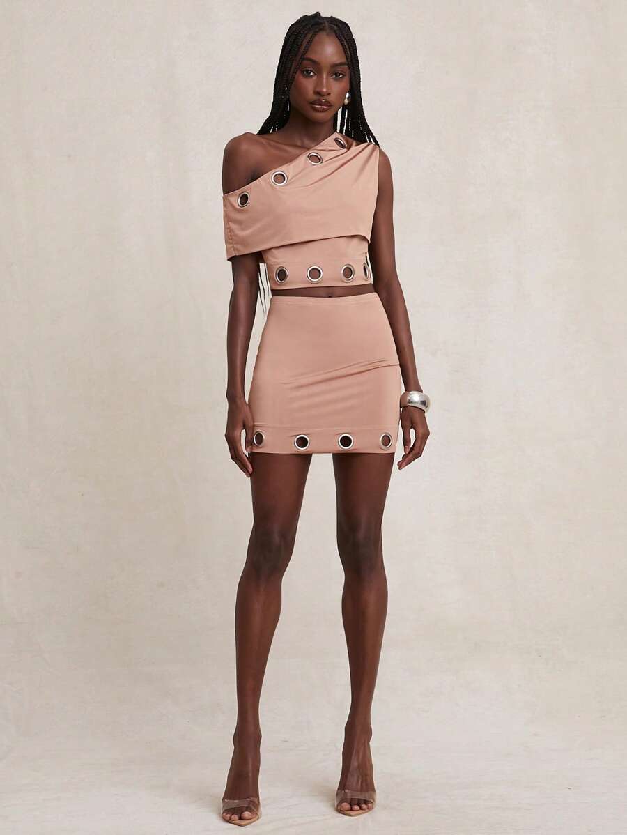 NYA SZN Huda Top Asymmetrical Off The Shoulder Eyelet Detail Event Club Grunge Party Sexy Streetwear Concert Going Out Night Out Party Club Cute Fall Summer Vacation Cropped Top Ibiza Statement Valentines Day Carnival Outfits For Women - Brown - View 1