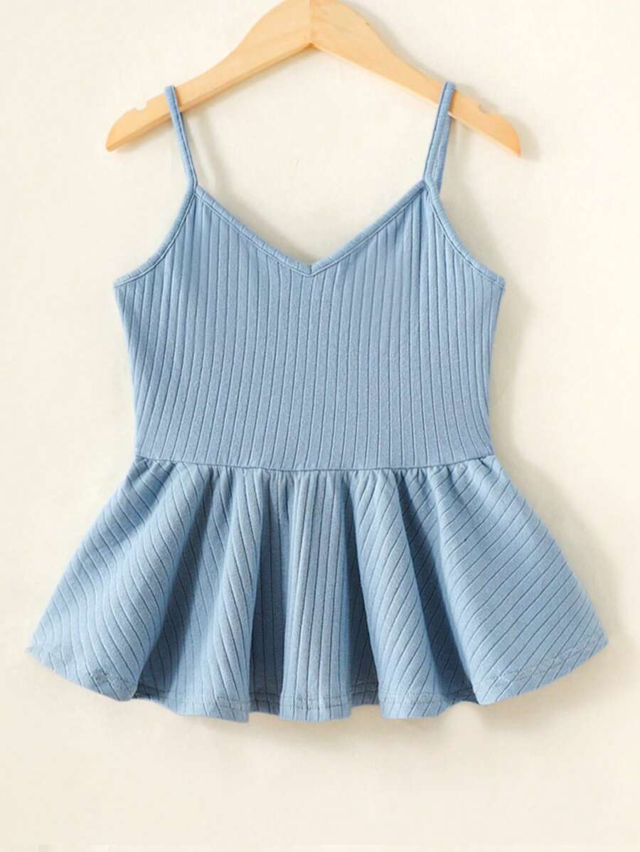 SHEIN 少女纯色针织罗纹吊带背心，休闲款 - 藍色 - 查看 1