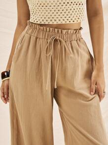 Easelle Women's Lace Patchwork Wide Leg Khaki Pants, Suitable For Travel & Outdoor - Khaki - View 8