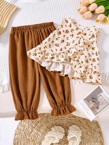 SHEIN LMoss Kids Bộ 2 áo và quần bo gấu họa tiết hoa cho kỳ nghỉ hè dành cho bé gái - Nhiều màu - Xem 2