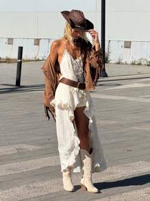 SHEIN ICON Damen Western Cowgirl Stil Metal Mesh geschnürtes asymmetrisches Träger Top - Weiss - Übersicht 2