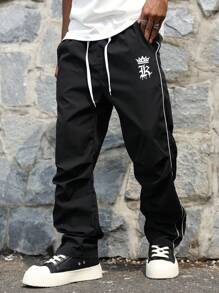 Manfinity EMRG 男士拼色条纹字母印花口袋抽绳腰裤 男士街头潮流裤 街头潮流男士裤子 - 黑色 - 查看 4