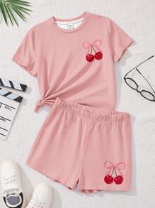 SHEIN 青少年女孩休闲简约短袖短裤两件套，适合夏季 - 粉色 - 查看 3
