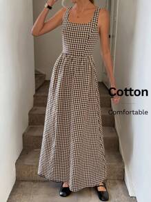 SHEIN LUNE Đầm dự tiệc thanh lịch cổ vuông xếp ly lưng nhún eo cao thấp họa tiết kẻ caro thường ngày cho nữ - Nhiều màu - Xem 4
