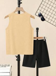 SHEIN Lässiges, minimalistisches Set aus Weste und Shorts mit Rundhalsausschnitt für Tween Jungen, geeignet für den Sommer