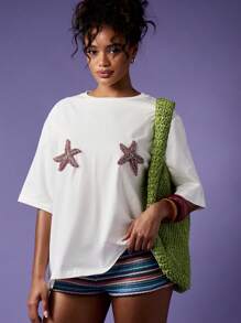 MISSGUIDED Camiseta de verano oversize con aplicación de estrella de mar brillante, ropa de playa y resort, uso casual diario
