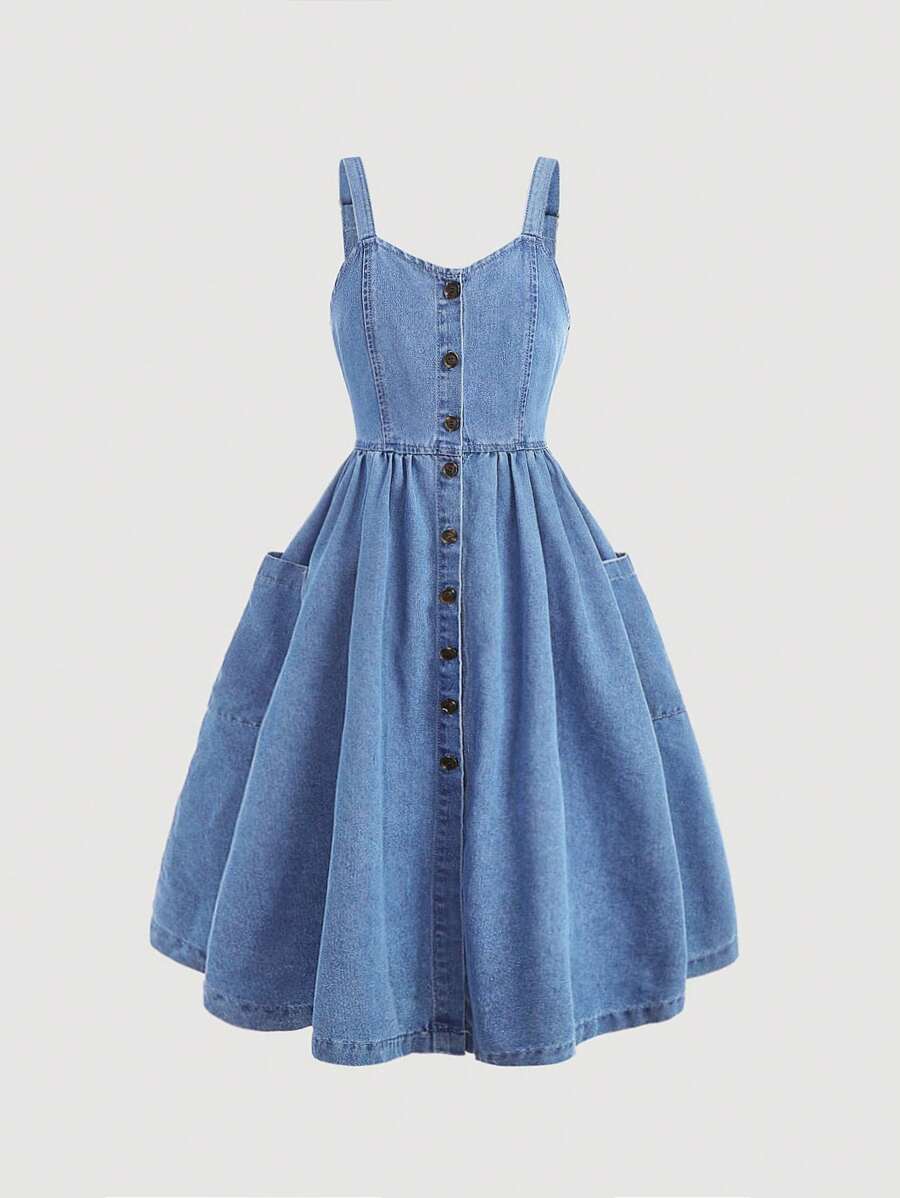 SHEIN Girlism Tween Girls Summer Casual Solid Color Denim Long Dress With Big Pockets And Front Buttons,Graduation Dress,Summer Beach Boho Vacation Sun Dress, Summer Concert Festival Casual Rave Outfits, Girls Summer Brunch Graduation Outfits
