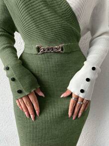 SHEIN Women's Contrast Color V-Neck Long Sleeve Buttoned Fitted Knitted Dress,Petite