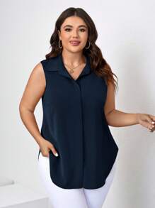 Chikora Plus Size Front Button Summer Casual Sleeveless Shirt - Navy Blue - View 5