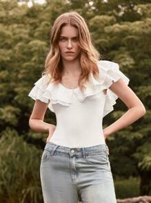 Lumivelle GuavaGirl SummerHoliday  Women's Casual Romantic All White Ruffle Trim Solid Color Women Bodysuits Romantic - White - View 2