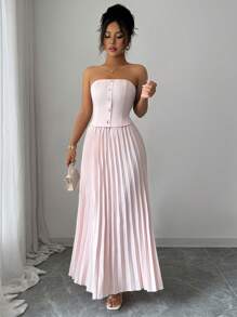 Elenzga Vestido de verano elegante sin tirantes de unicolor con pliegues y sin mangas para mujer - Rosa Pálido - Ver 4